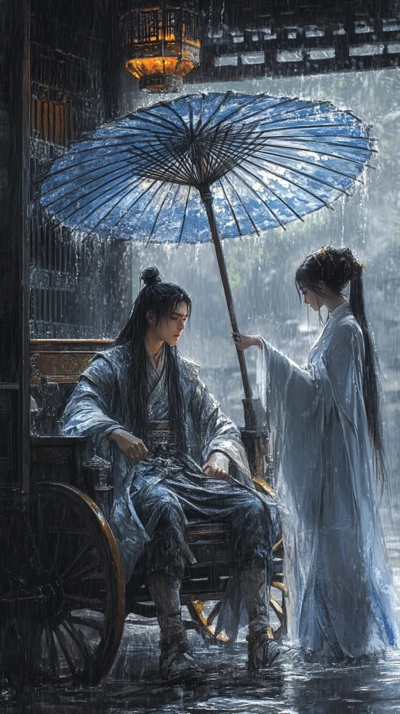 Two figures stand in a downpour, a man seated in a cart and a woman standing beside him.  They are both dressed in traditional, flowing robes. A blue umbrella held by the woman shields them slightly from the rain. The man looks down, while the woman looks at him with a slight smile. The scene is bathed in a cool, blue light and the rain creates a misty atmosphere. The image evokes a sense of melancholy and longing.
