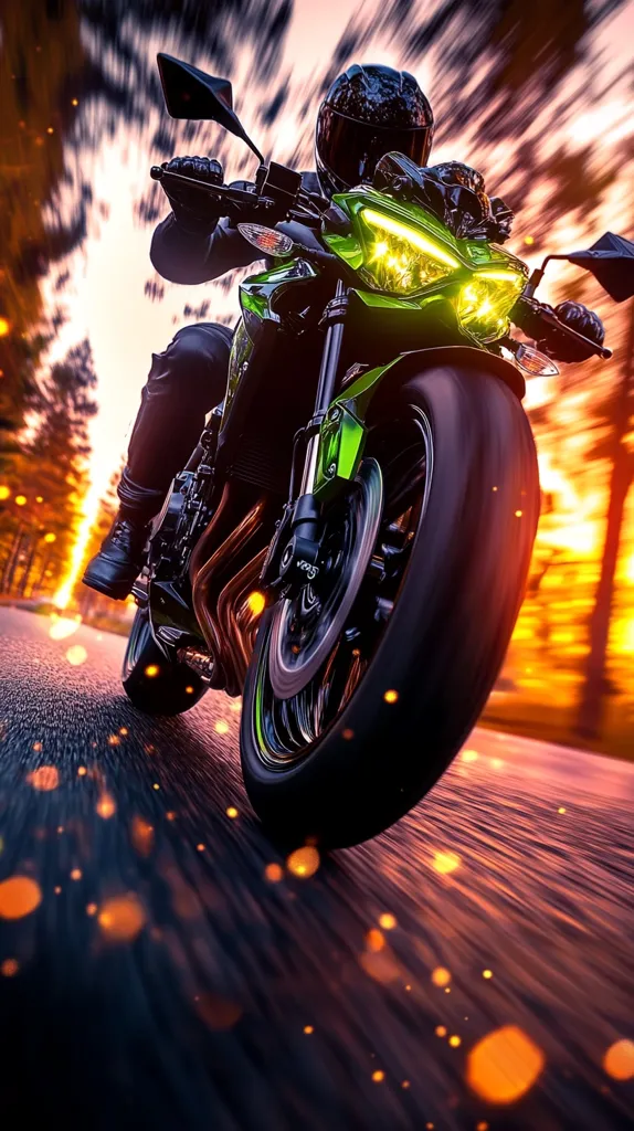 A motorcycle rider speeds down a road at sunset. The rider is wearing a black helmet and black leather jacket, and the motorcycle is green and black. The sun is setting in the background, casting a warm glow on the scene. The road is blurred, creating a sense of speed.  The image is captured from a low angle, making the motorcycle appear large and imposing.