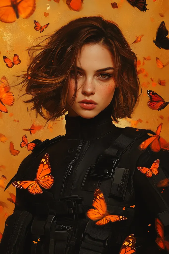 A young woman with short brown hair and freckles stares intensely at the viewer. She is wearing a black tactical vest and has a serious expression on her face. The background is a blurred, golden-orange color with many orange butterflies flying around her. The image has a mysterious and atmospheric quality.