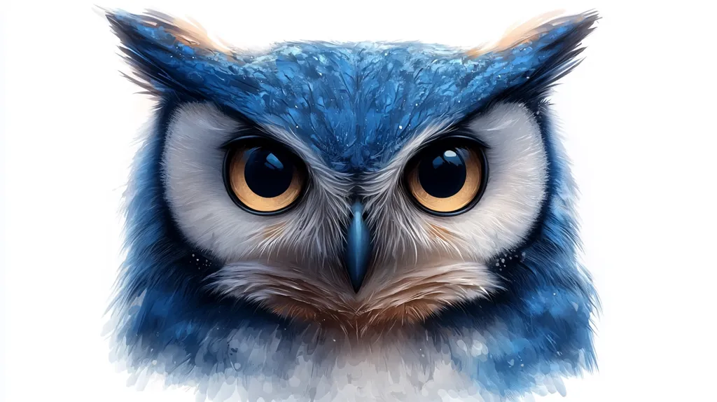 The image is a close-up of an owl's face, rendered in a digital painting style.  The owl has large, bright yellow eyes with black pupils, set against a backdrop of soft, white feathers.  The owl's plumage is primarily blue, with hints of white and brown, creating a soft, ethereal look. The painting evokes a sense of mystery and wisdom, typical of owls.  The background is a simple white, providing a clean backdrop for the owl's intricate features.