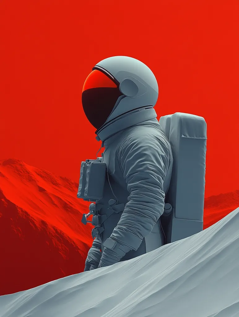 An astronaut in a white spacesuit with a red visor walks across a white sand dune against a bright red sky. The astronaut is silhouetted against the bright red sky, with only their white suit and red visor visible. The white sand dune appears to be the surface of a planet or moon. The image is rendered in a minimalist style, with simple shapes and colors.