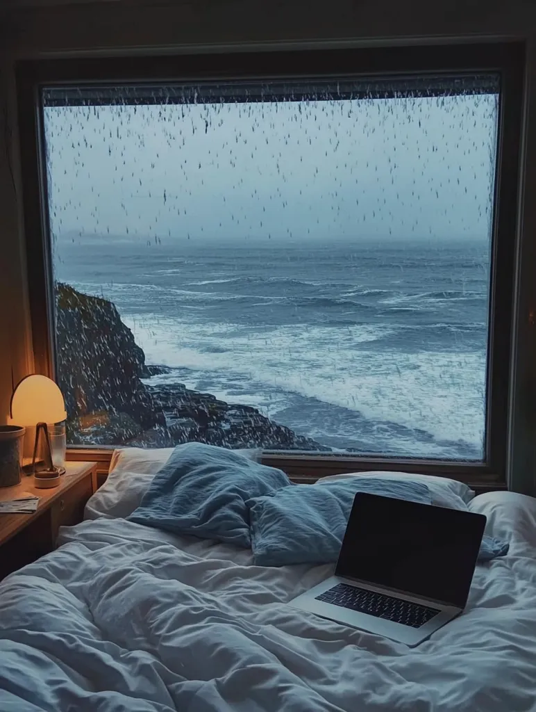 A bedroom with a large window overlooking a stormy sea. The rain is falling outside, and the waves are crashing against the rocky shore. A laptop is resting on a white bed, suggesting a cozy and isolated setting. The room is lit by a lamp next to the bed, casting a warm glow.  The overall scene evokes a sense of tranquility and solitude.