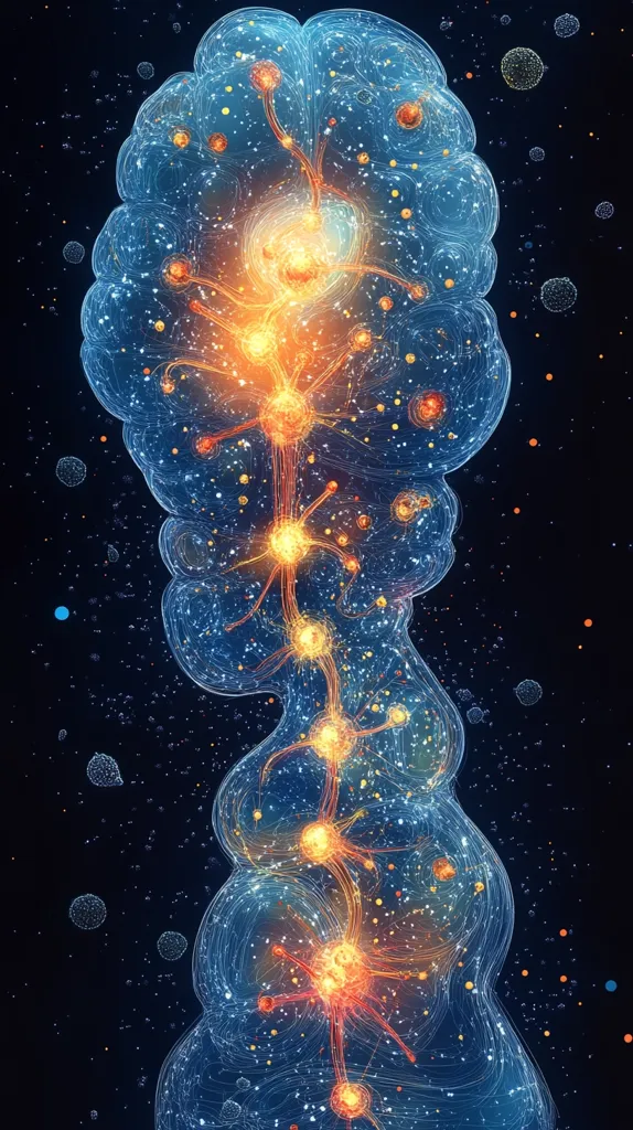 A cosmic-looking image features a vibrant blue and orange structure, resembling a brain, against a dark blue backdrop. The structure is composed of intricate network of lines and nodes that connect to form a complex and interconnected system. Bright, glowing orbs of orange and yellow are embedded throughout the structure, creating an impression of energy and movement. The image evokes a sense of wonder and the vastness of the universe.