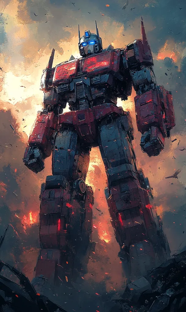 A towering, red and blue robot stands amidst a fiery, apocalyptic landscape. The robot, likely Optimus Prime, is a powerful figure, its imposing size and intricate details emphasizing its strength. The background depicts a scene of chaos and destruction, with flames and debris scattered around, suggesting a battle or cataclysmic event.  The robot's presence is dominant, evoking a sense of both hope and fear in the face of adversity.