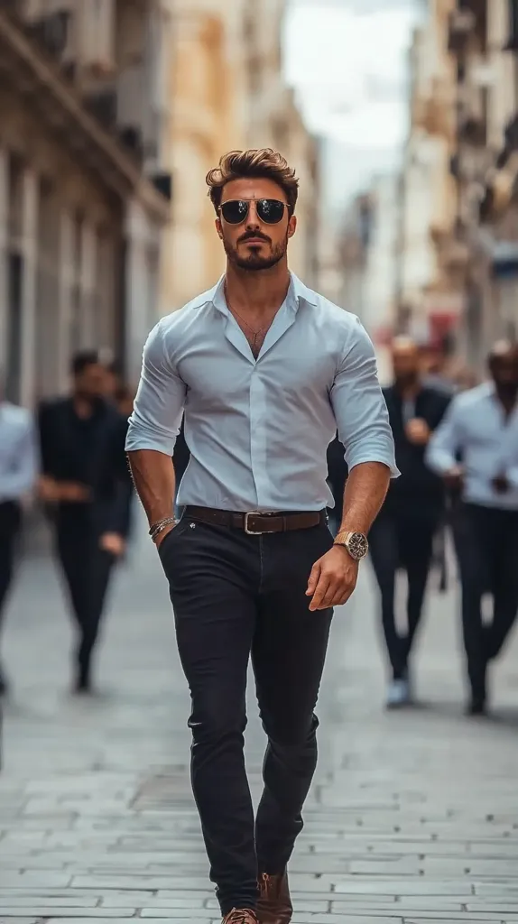 A man in a white button-down shirt and black jeans walks down a city street. He is wearing sunglasses and a watch. The street is cobblestone and there are other people walking in the background. The man is looking straight ahead and appears to be in a hurry.