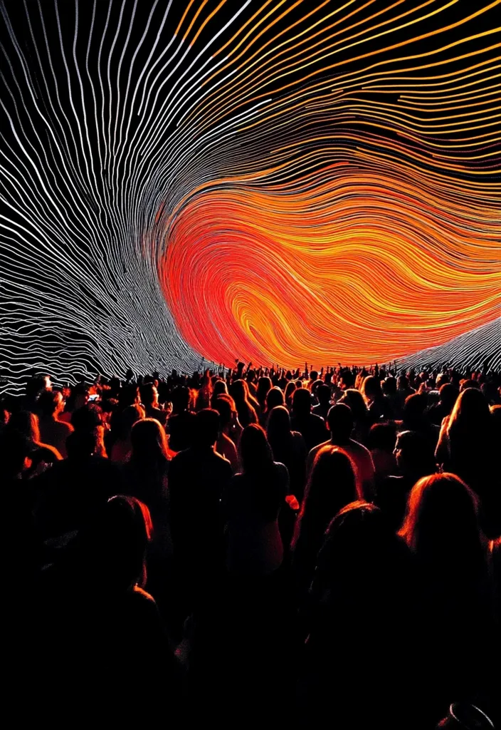A crowd of people stand silhouetted against a vibrant, swirling backdrop of orange and red lines. The lines are arranged in a wave-like pattern, creating a sense of movement and energy. The crowd is bathed in the warm glow of the lights, creating a sense of excitement and anticipation.  The background is a mesmerizing pattern of orange and white lines.