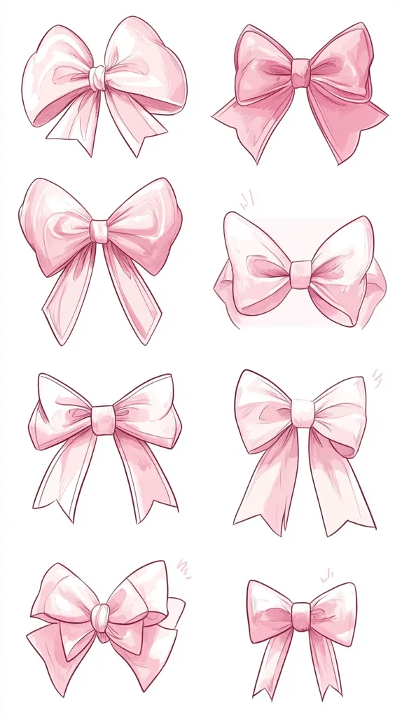 The image shows eight different variations of pink bows. They are all drawn in a simple, stylized manner, with varying shapes and sizes of the loops and tails. The bows are arranged in a grid pattern, with a white background, giving the viewer a clear view of each bow's unique features. The image is light and airy, with a soft, feminine feel.