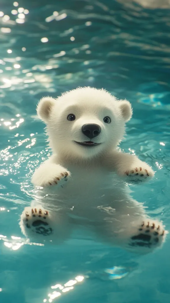 A small polar bear cub is floating in a pool of clear blue water. It is looking directly at the viewer with a playful smile and its paws are outstretched in the water. The cub is surrounded by sparkling water and sunlight. The image is cute and charming, showcasing the playful nature of polar bears.