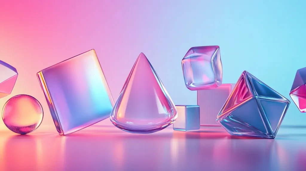 The image features a collection of colorful, iridescent glass geometric shapes, including a sphere, a pyramid, a cube, a diamond, and a rectangular prism. The shapes are arranged in a seemingly random order, and are illuminated by a pink and blue gradient light. The reflection of the shapes on the surface below adds to the visual intrigue. The overall effect is one of playful abstractness and vibrant color.