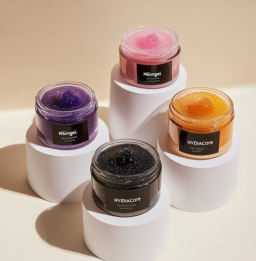 The image shows four jars of body scrub, arranged on white podiums. The scrubs are in different colors: purple, pink, black, and orange. Each jar has a label with the brand name, "NSingel" or "NVIDIACore", and a description in a foreign language. The background is a light beige. The image is a product shot, highlighting the colorful and appealing nature of the body scrubs.