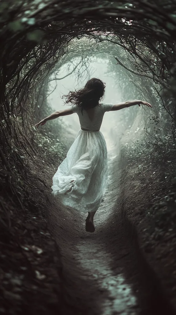 A woman in a flowing white dress runs through a tunnel of dense, intertwined branches, the path ahead misty and unclear. Her long dark hair whips behind her as she races towards an unseen destination, leaving a trail of mystery in her wake. The image evokes a sense of wonder and adventure, hinting at an unknown journey awaiting her within the enchanting forest.