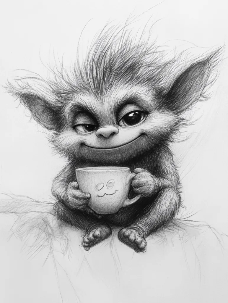 A furry, gray creature with large ears and a mischievous smile sits holding a white mug with a smiley face on it. It has a fluffy, messy mane and appears to be relaxed and enjoying its drink. The drawing is done in a realistic style using only shades of gray.