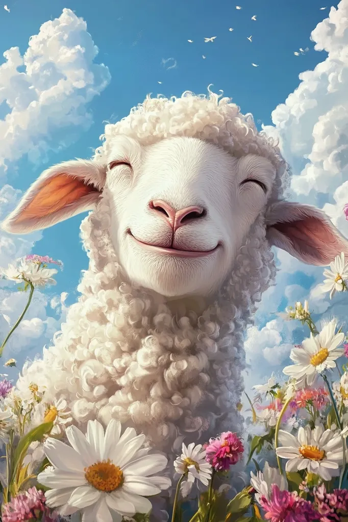A fluffy white sheep with a big smile is nestled amidst a field of daisies and other wildflowers. The sheep has its eyes closed, suggesting contentment and peacefulness. The background is a bright blue sky with puffy white clouds and tiny birds flying overhead. The image evokes a sense of joy, tranquility, and the beauty of nature.