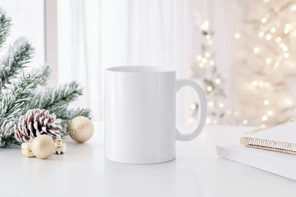 A white mug with a handle sits on a white table.  A snowy pine branch with gold ornaments rests on the table in the foreground.  A white tree with fairy lights and a white notebook are in the blurry background. The image is a simple, clean, and minimal composition.  The mug is the main focus of the image.  The white background and the other elements in the image create a sense of peace and tranquility.