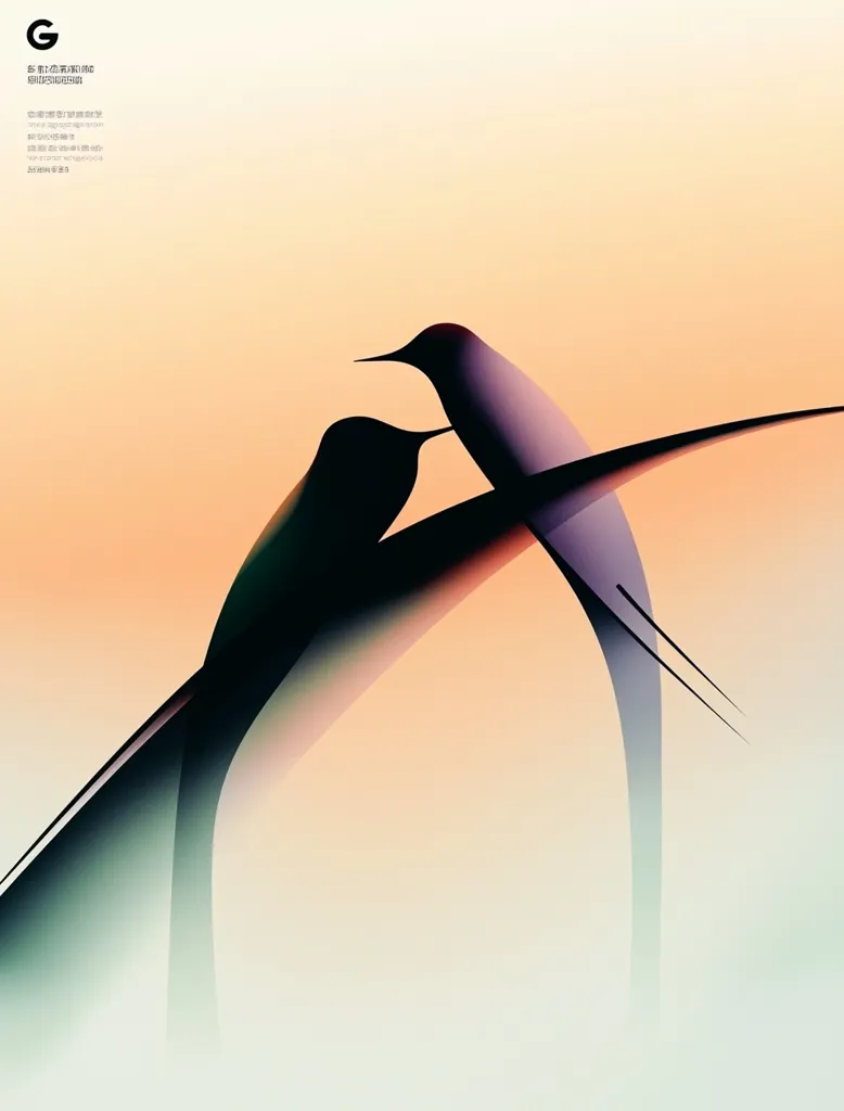 The image features two black birds with long, curved beaks perched on a branch. The birds are facing each other, their silhouettes creating a heart shape. The background is a soft gradient of peach and white, suggesting a warm sunrise or sunset. The overall aesthetic is minimalist and abstract, focusing on the silhouettes and their symbolic meaning. The image evokes feelings of love, connection, and peace.  The text at the top is in a foreign language and is not visible in this description.