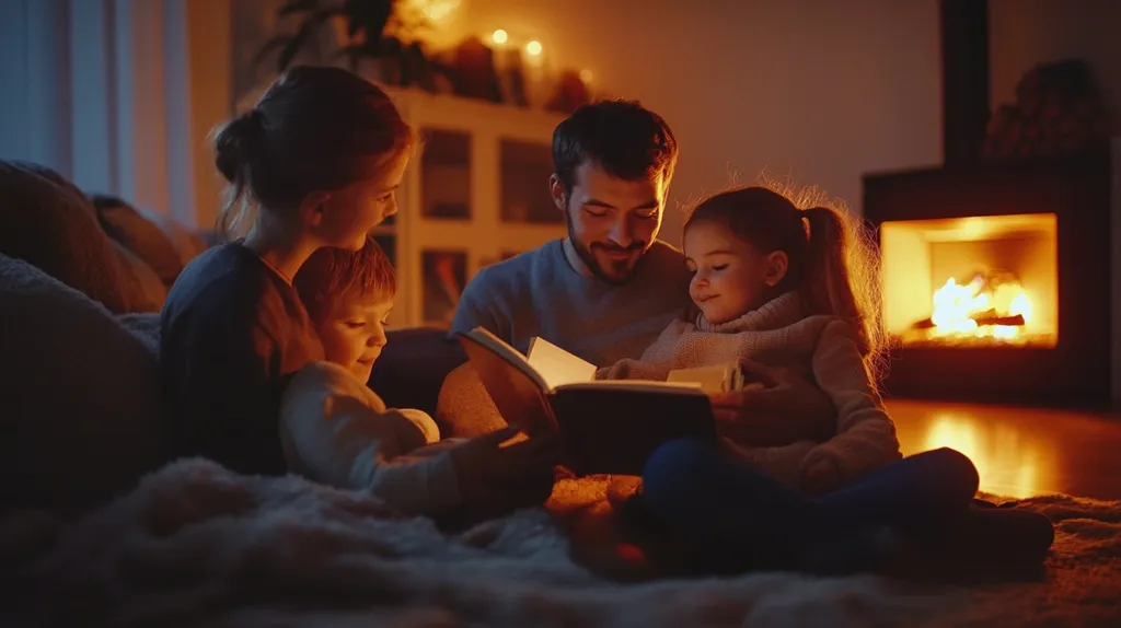 A family of four is gathered around a fireplace, enjoying a cozy evening. The father is reading a book to his three children, who are all seated on the floor in front of him. The fire is blazing brightly, casting a warm glow on the family's faces. The room is dimly lit, creating a sense of intimacy and peace.  The scene evokes a sense of warmth, love, and togetherness.