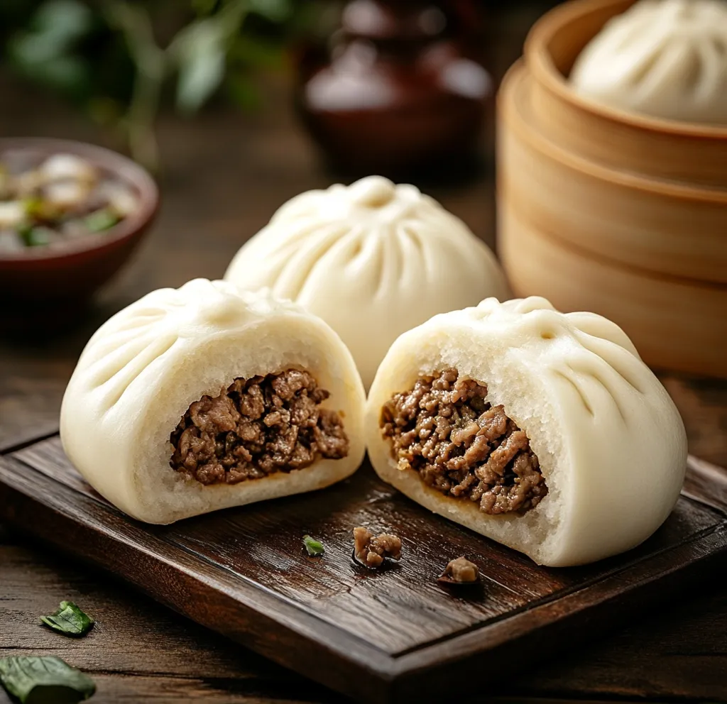 Two steamed buns, cut open to reveal a savory filling of ground meat, sit on a wooden board. Another bun, whole and untouched, rests behind them.  A small bowl of sauce and a wooden steamer basket with a bun inside complete the image.  The rustic wooden backdrop suggests a cozy and inviting setting.  The image highlights the deliciousness and simplicity of this popular Asian food.