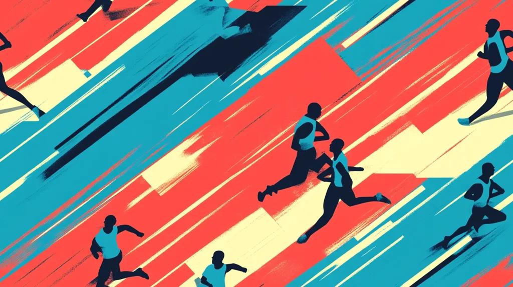 The image depicts a group of runners competing on a track, their silhouettes outlined against a bold backdrop of diagonal blue and red stripes, suggesting the speed and energy of a race. The minimalist style of the illustration focuses on the dynamic movement of the athletes, conveying a sense of competition and determination.