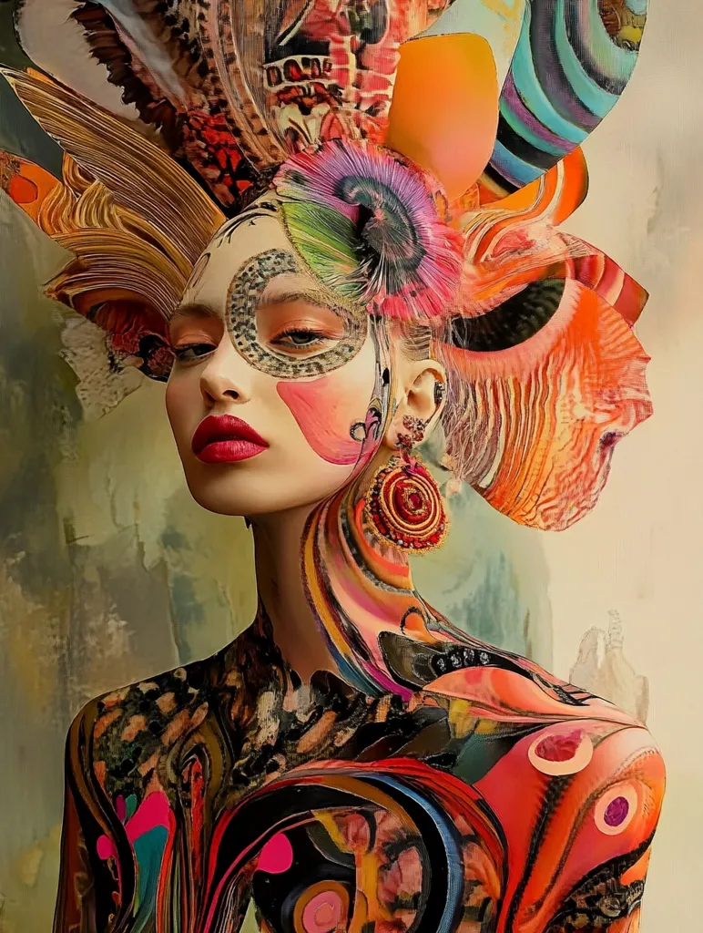 A woman with a vibrant, multi-colored headdress and body paint stands against a soft, beige background. Her headdress is a whirlwind of intricate patterns, flowers, and textures,  creating a dramatic and almost mythical appearance. Her body is a canvas of swirling lines, geometric shapes, and organic patterns. The overall image is a striking blend of organic and geometric forms, creating a sense of both beauty and power.