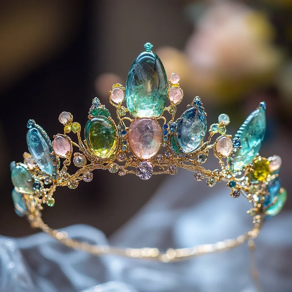 A delicate, ornate crown crafted from gold wire, adorned with a variety of gemstone cabochons.  The crown features a mix of blues, greens, and pinks, with a prominent central stone in a deep pink hue.  The crown is set against a soft, blurred background of white fabric, highlighting the intricate details and the shimmering brilliance of the gemstones.