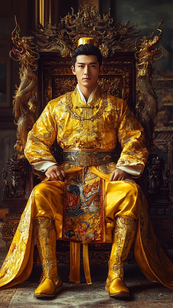 A man in a gold and red robe sits on a throne adorned with golden dragons. He wears a golden crown and boots with intricate designs, and his expression is serious. The throne's elaborate carvings and the rich textures of his clothing suggest a powerful and regal figure. The backdrop is a dark, luxurious interior, adding to the sense of grandeur.