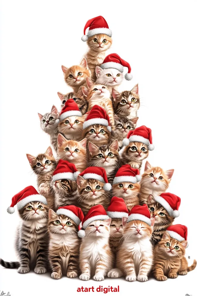A group of adorable kittens, all wearing Santa hats, are arranged in the shape of a Christmas tree. They are looking up at the viewer, their eyes bright and curious. The image is rendered in a cartoon style, with soft, fluffy fur and bright colors. The kittens' innocent faces and festive attire create a heartwarming and playful Christmas scene.  The image is signed "atart digital" at the bottom.