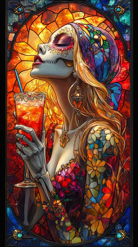 A stained glass depiction of a woman with a skull-like face and long flowing hair. She holds a glass of red liquid and is adorned with jewelry and flowers. The vibrant colors and intricate details create a visually stunning and evocative piece. The woman's eyes are closed, and her expression is serene, suggesting a moment of peace or contemplation.  The stained glass effect adds a sense of depth and texture, making the artwork appear almost three-dimensional.
