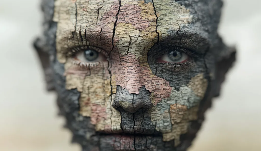 A close-up image of a face, rendered to look like a tree bark. The face is made up of small, textured pieces of bark, each with a different color and pattern. The eyes are a piercing blue, and the mouth is slightly open, as if the person is about to speak. The overall effect is one of mystery and intrigue, as if the person is hiding something behind their rough exterior. The texture of the bark gives the image a sense of age and wisdom, while the blue eyes suggest a depth of emotion.