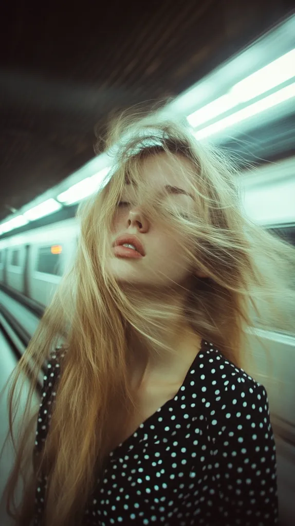 A young woman with long blonde hair, wearing a black and white polka dot dress, stands in a train station.  Her hair is blowing in the wind as she looks at the camera with a soft expression.  The lights of the train station illuminate her face and create a warm glow.  The scene is peaceful and serene.
