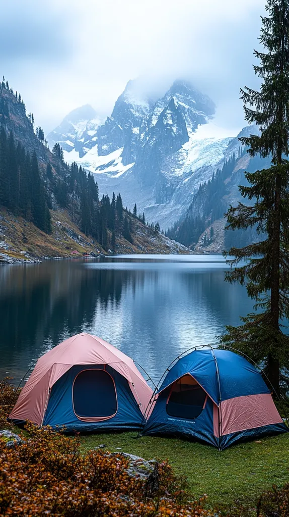 Two tents are pitched on the shore of a tranquil lake nestled in a mountain valley. The majestic snow-capped mountains rise up in the background, with wispy clouds adding a touch of mystery to the scene. Lush greenery covers the surrounding slopes, while the clear blue water reflects the sky.  The serene atmosphere evokes a sense of peace and tranquility, inviting one to escape the hustle and bustle of life.
