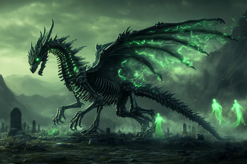 A skeletal dragon, glowing with an eerie green light, stands amidst a graveyard, its wings spread wide. The dragon's skeletal form is visible, with glowing green energy crackling along its bones. The scene is set against a backdrop of rolling hills and a cloudy, ominous sky. Several ghostly figures are visible in the background, adding to the eerie atmosphere.  The image is both menacing and beautiful, creating a sense of awe and dread.
