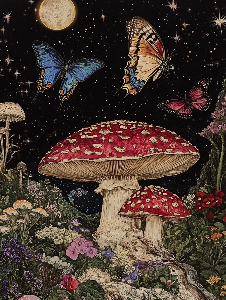 A whimsical, enchanted forest scene unfolds under a starry night sky. A large, glowing moon hangs in the sky, bathing the scene in ethereal light. Two giant mushrooms, one red and white and the other a smaller version, stand tall in the foreground. Surrounding them are vibrant wildflowers and delicate ferns. Three butterflies flutter through the air, their wings a blur of color against the dark background. The scene is filled with a sense of magic and wonder, evoking a feeling of dreams and fantasy.