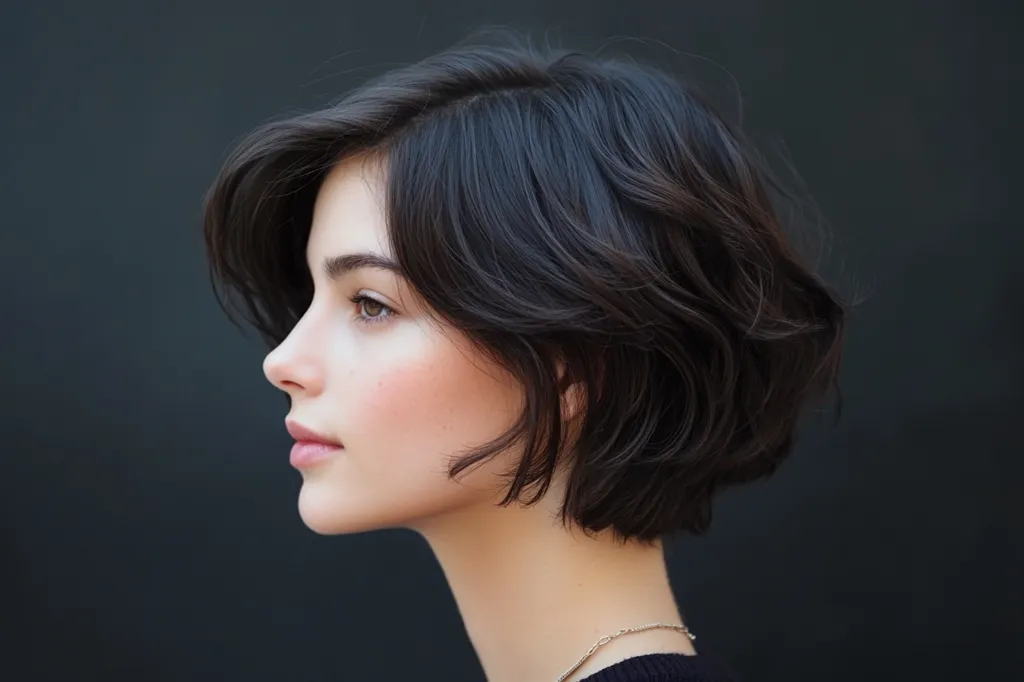 The image shows a young woman with short, wavy, black hair. She is looking to the right, with a slight smile on her face. Her skin is fair and she is wearing a simple black top. The background is a dark grey wall. The image is in focus and well-lit. The woman's features are sharp and delicate.  Her hair is styled in a way that emphasizes her cheekbones and jawline.  She has a natural and effortless beauty.