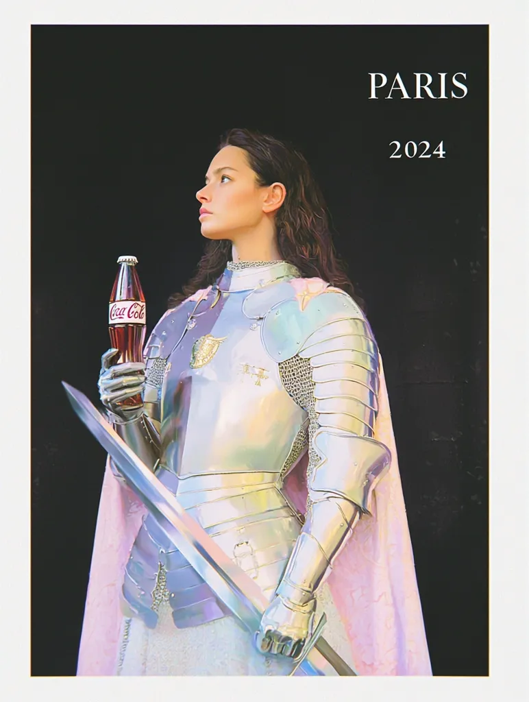 A woman wearing full plate armor and a pink cape holds a bottle of Coca-Cola and a sword. She stares off to the left of the frame. The background is black, with the text "PARIS 2024" in white at the top of the image.  The armor is iridescent and reflects light, giving it a shimmering quality.