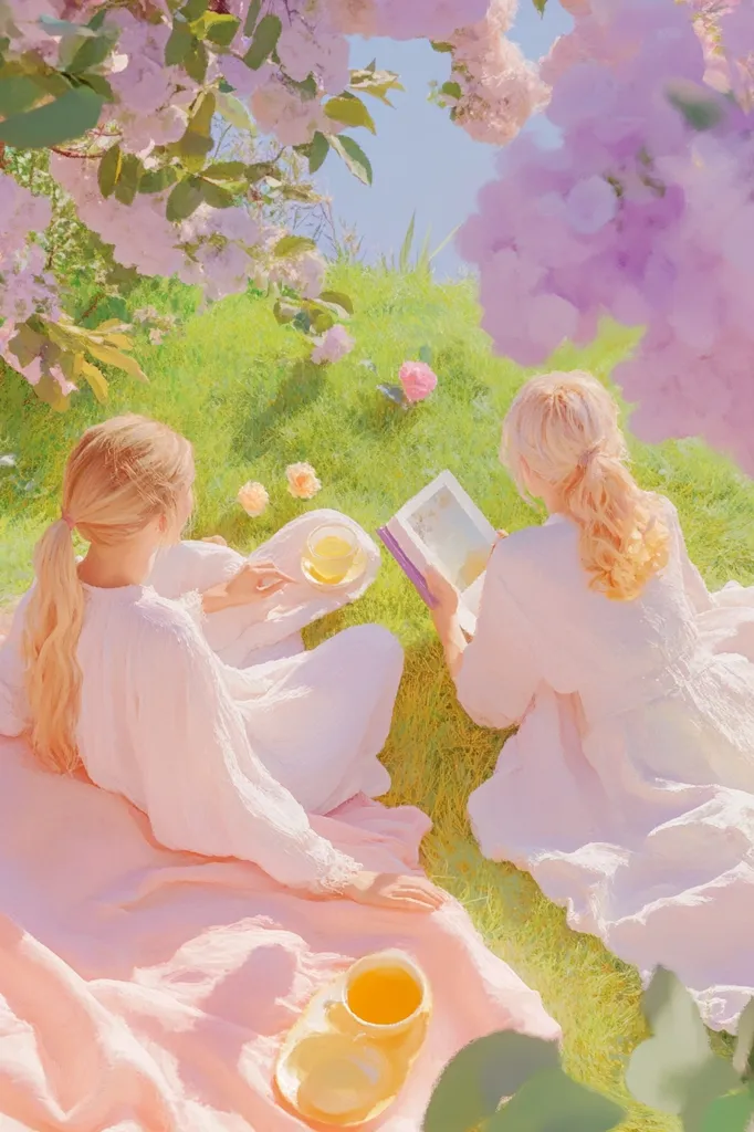 Two women in white dresses sit on a pink blanket under a tree full of purple blossoms. One woman sips tea while the other reads a book. The sun shines brightly on the green grass and creates a soft, dreamy atmosphere.