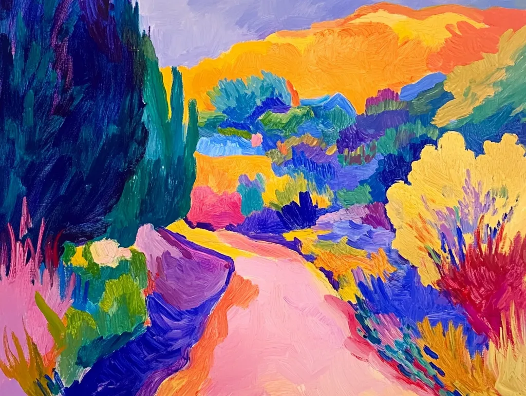The painting depicts a vibrant landscape with a winding pink path leading through a lush valley. Bright, colorful brushstrokes are used to depict a variety of trees and flowers. In the background, a rolling hilltop is painted in warm hues of yellow and orange. The overall impression is one of joyful energy and the beauty of nature.