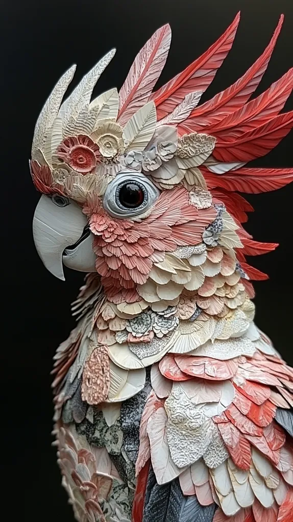 This is a close-up image of a meticulously crafted paper sculpture of a pink cockatoo. The bird is rendered in intricate detail, with each feather and detail meticulously sculpted and painted. The feathers are predominantly pink, white and cream with a hint of grey, giving the bird a delicate and almost ethereal appearance. The sculpture is set against a dark background, highlighting the intricate details and the artist's skill in capturing the essence of the cockatoo.