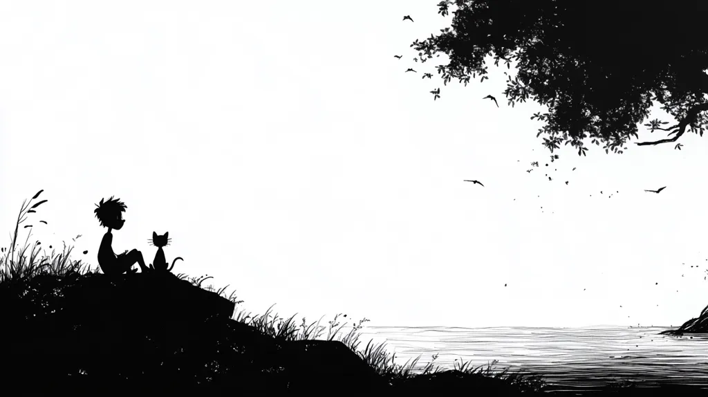 The image is a black and white silhouette of a boy sitting on a cliff with his cat. The boy is looking out at the sea, while the cat looks back at him. A large tree overhangs the cliff, and birds fly in the sky. The scene is calm and peaceful.