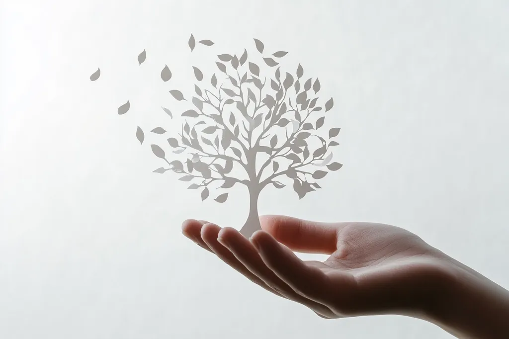 The image shows a hand outstretched, cupping a paper-cutout of a tree with leaves blowing in the wind. The tree is a delicate silhouette against a white background, creating a sense of fragility and care. The image suggests a connection between human and nature, and the importance of protecting the environment. The subtle light and soft focus emphasize the image's ethereal quality.