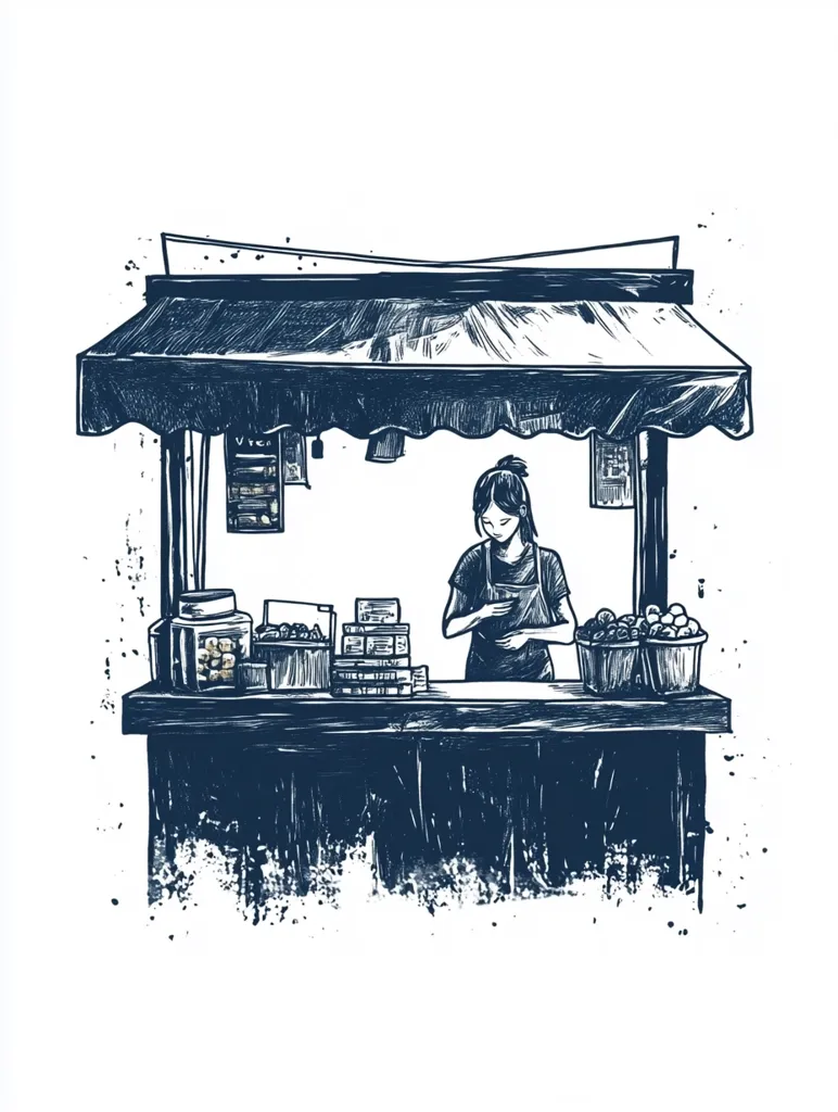 The image depicts a street vendor stand with a woman tending to it. The stand has a striped awning, a wooden counter, and is filled with various goods. The woman is standing behind the counter, looking down at something. The image is drawn in a sketchy, woodcut style. It evokes a sense of everyday life and local markets.
