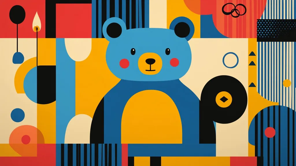 The image is a colorful abstract design with a blue bear at its center. The background is filled with geometric shapes in bright colors like red, yellow, blue, and black. There are also stripes, circles, and a symbol that looks like the Olympic rings. The overall effect is playful and energetic.