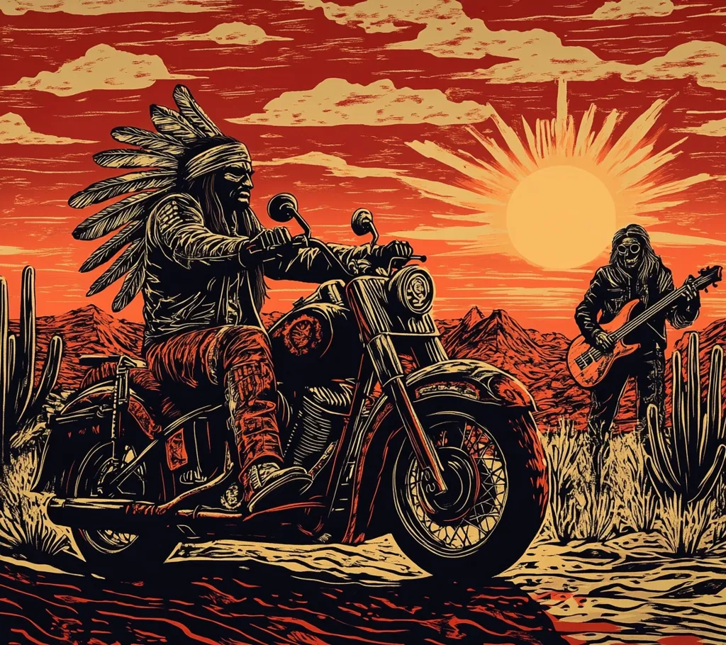 A Native American man with a feathered headdress rides a motorcycle through a desert landscape. He is wearing leather clothing and has a serious expression on his face. In the background, a man with a skull mask plays a guitar. The sun is setting, casting an orange glow over the scene. The artwork has a vintage, woodcut style with bold lines and contrasting colors. The image evokes a sense of freedom, rebellion, and the wild west.
