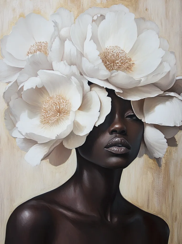 The image depicts a close-up portrait of a Black woman with large white flowers covering her forehead and one eye. The flowers are in sharp focus, while her face is slightly blurred, creating a sense of mystery and intrigue. The background is a warm beige, adding a touch of softness to the overall image. The painting appears to be a celebration of Black beauty and femininity, with the flowers symbolizing grace, elegance, and nature's beauty.