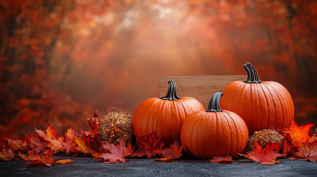Three pumpkins sit on a wooden surface, surrounded by autumn leaves. The pumpkins are various sizes and shapes, with the largest in the back. The leaves are red, orange, and yellow, creating a warm and inviting scene. The background is blurred, suggesting a fall forest. The image evokes feelings of warmth, comfort, and the beauty of autumn.