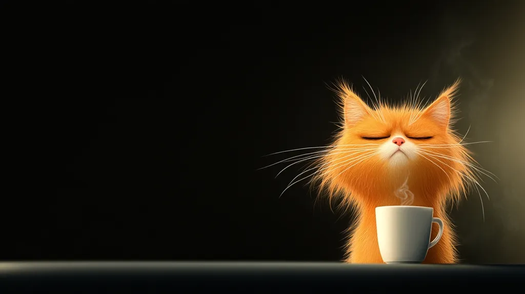 A fluffy, orange cat sits on a table in front of a white mug of steaming coffee. Its eyes are closed and its face is tilted upwards as it takes in the aroma of the coffee. The background is a dark, slightly blurred gradient. The cat appears to be enjoying a moment of peace and tranquility.