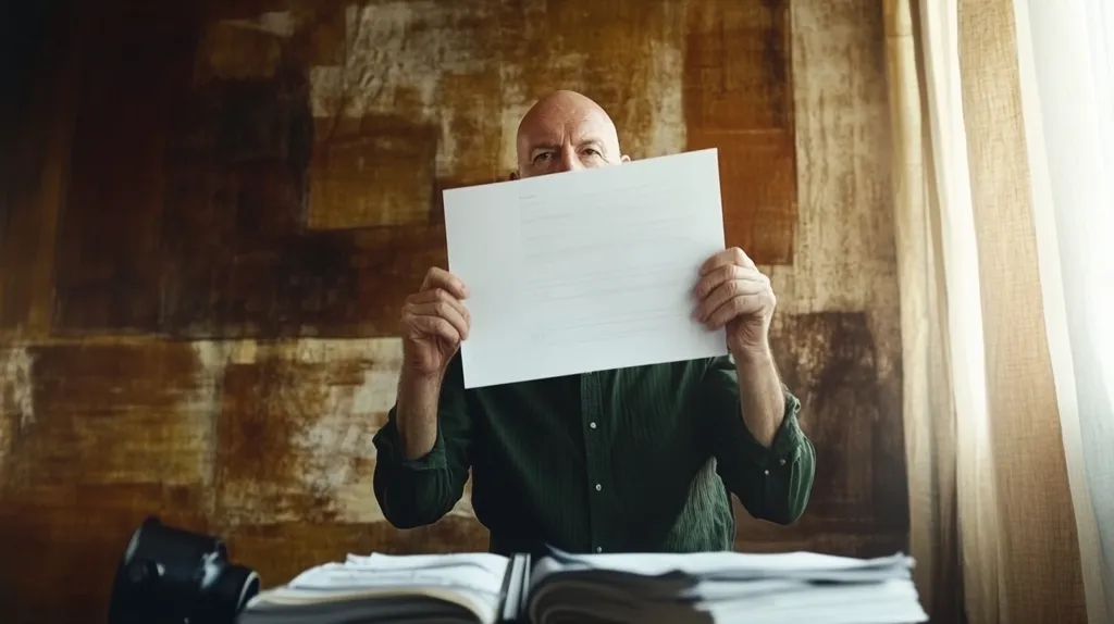 A man with a bald head is holding a blank sheet of paper in front of his face. He is wearing a green shirt. There is a stack of papers on a desk in front of him. The man is sitting in front of a wooden wall. The background includes a window with curtains.  The overall image is slightly dark.
