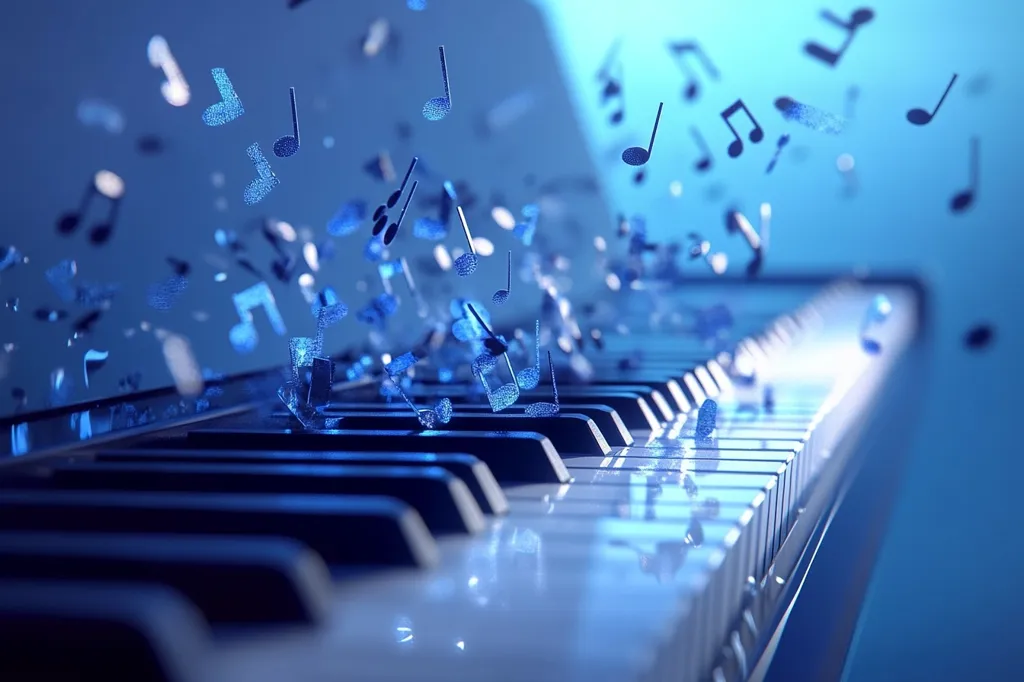 The image shows a close-up of a piano keyboard, with a blue background. There are many blue musical notes floating in the air above the keys, as if they have been played and are now flying away. The image is a beautiful and evocative representation of music and its power to inspire and transport us. The blue tones of the image give it a calming and peaceful feel. The image is abstract, but it clearly conveys the emotion and energy of music.