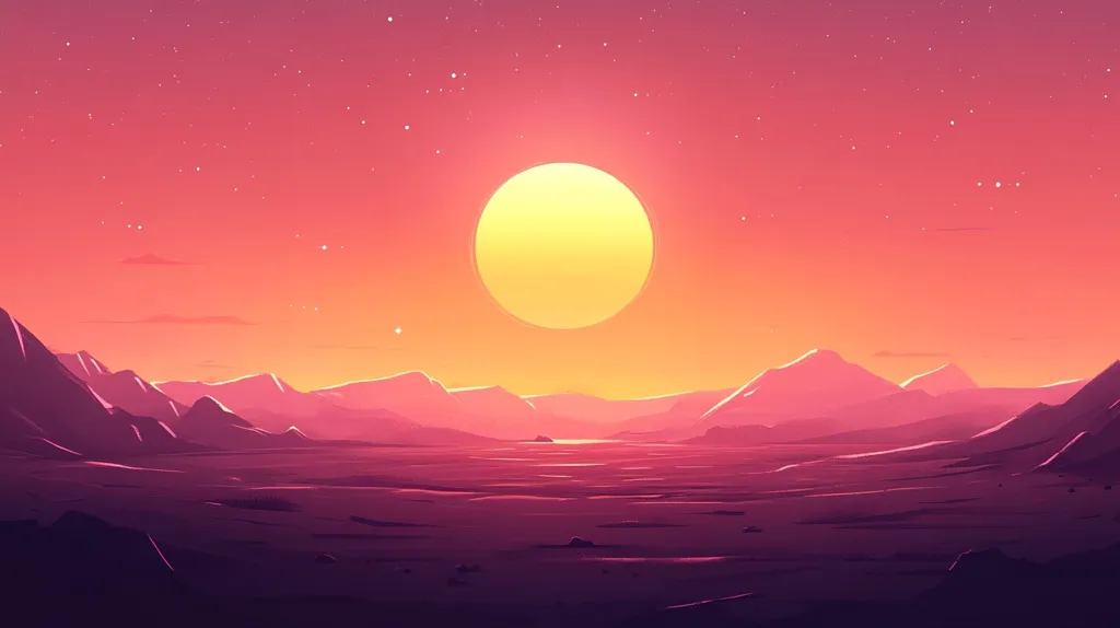 A large, yellow sun hangs in the sky above a vast, pink desert landscape. The sun is the focal point of the image, casting a warm glow over the mountains in the distance. The sky is a gradient of pink and orange, with a few scattered stars. The desert is a flat, barren expanse, with a few rocks scattered across its surface. The scene is peaceful and serene, suggesting a sense of solitude and vastness.