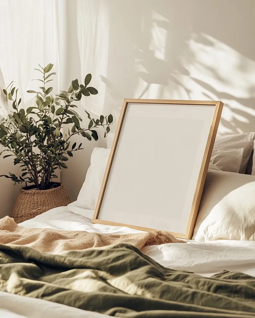 A close-up of a cozy bedroom with a large, blank picture frame resting on a white bed with white and beige pillows. A green plant in a woven basket sits on the bed, adding a touch of nature. Soft, natural light streams through the window, creating a warm and inviting atmosphere.  A green blanket is draped over the bed, adding a pop of color to the neutral tones. The image is minimalist and inviting, showcasing a serene bedroom space.