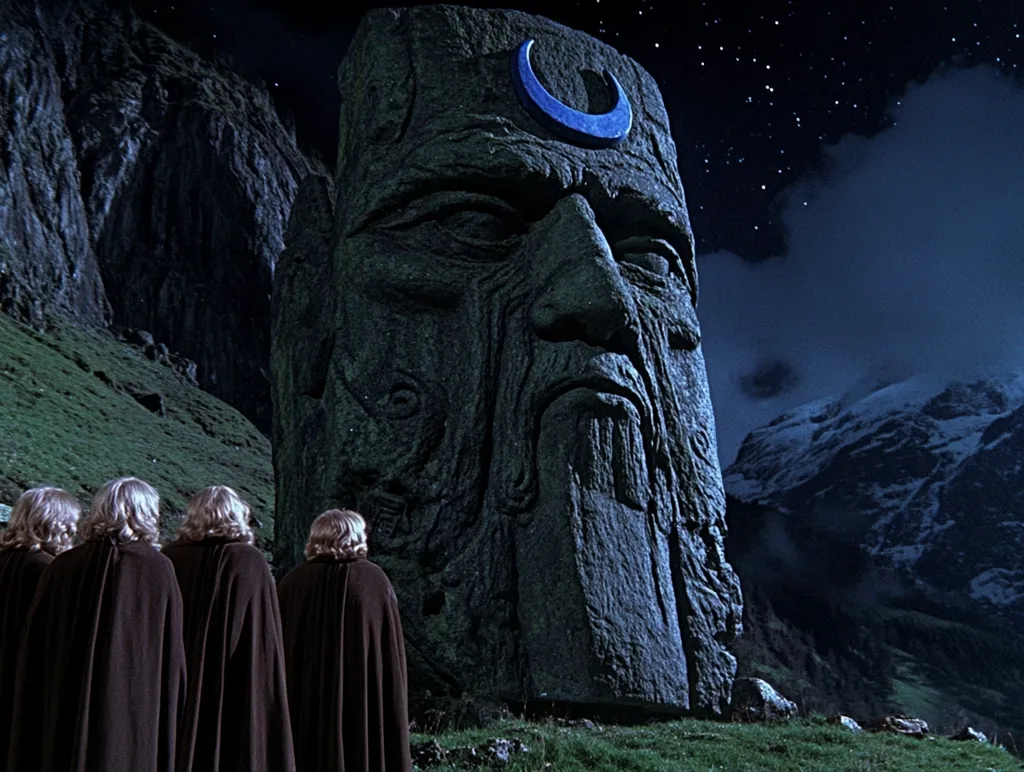 Four figures in black cloaks stand before a massive, imposing stone statue of a bearded, weathered face with a crescent moon symbol above its forehead. The statue stands against a backdrop of mountains under a night sky dotted with stars. The scene has a sense of mystery and ancient power.